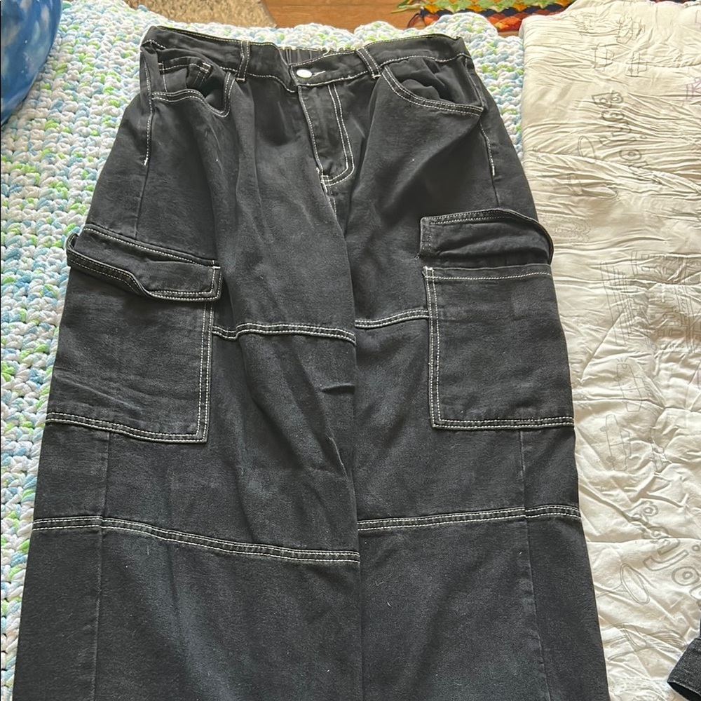 Black Cargo Skirt with White Stitching